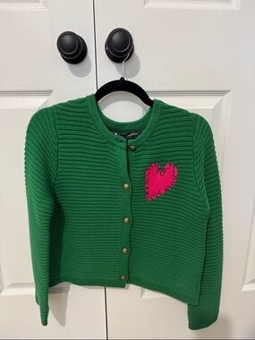 NWT Aqua x Kerri Rosenthal Green Heart-Patch Knit Cardigan with Gold Buttons